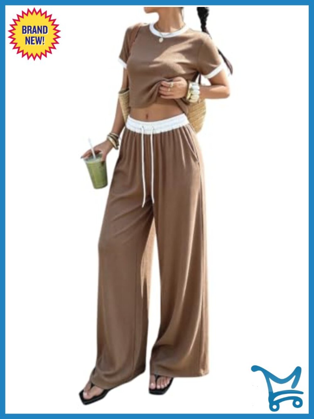 Ribbed Knit 2 Piece Crop Top Wide Leg Pant Set Casual Outfit